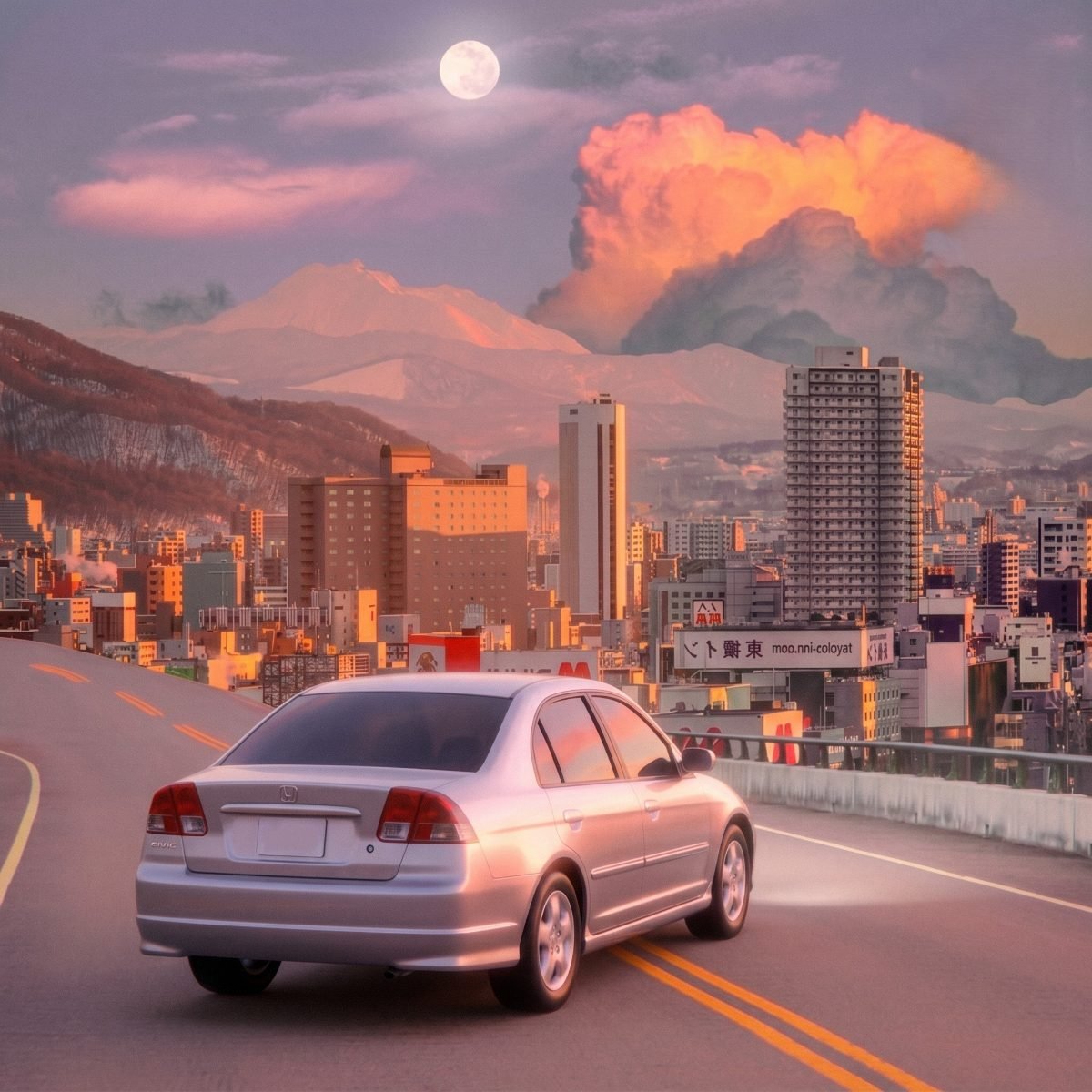 Driving into a city under a full moon